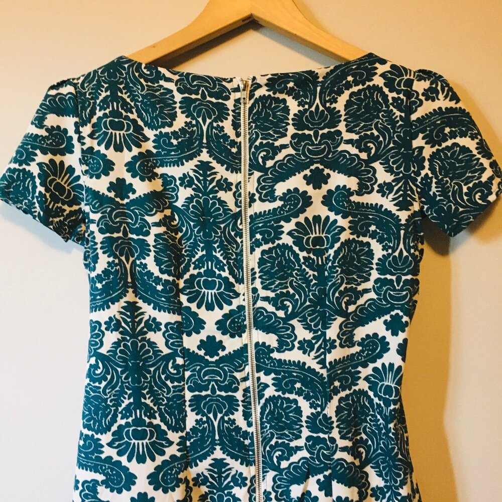 Teal Folksy Damask Print Short Sleeve Dress A-Line Kneelength - Picture 6 of 16